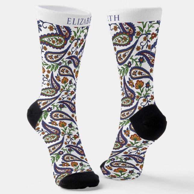 White Dunkle Navy Blue Green Paisley Muster Socken (Gewinkelt)