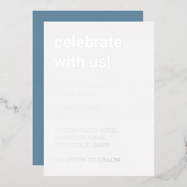 White Dusty Blue Wedding Silver Foil Einladung (Vorderseite/Rückseite)
