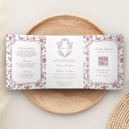 White Dusty Rose Chinoiserie Wappen QR Code Hochze Dreifach Gefaltete Einladung