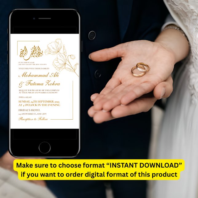 White Elegance Minimalistisch Gold Floral Nikah Einladung (Von Creator hochgeladen)