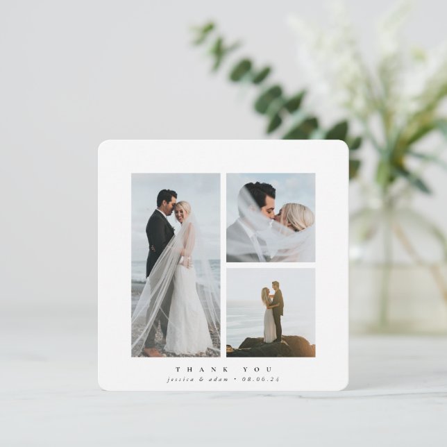 White Elegance Square Drei Foto Hochzeit Dankeskarte (Stehend Vorderseite)