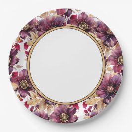 White Elegant Gold Burgundy Blumenmuster Rand Pappteller