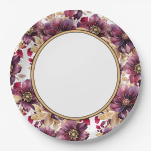 White Elegant Gold Burgundy Blumenmuster Rand Pappteller