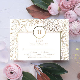 White Elegant Gold Monogram Wreath Wedding RSVP Ca