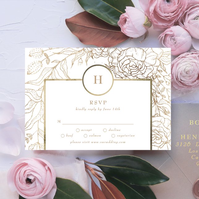 White Elegant Gold Monogram Wreath Wedding RSVP Ca (Von Creator hochgeladen)