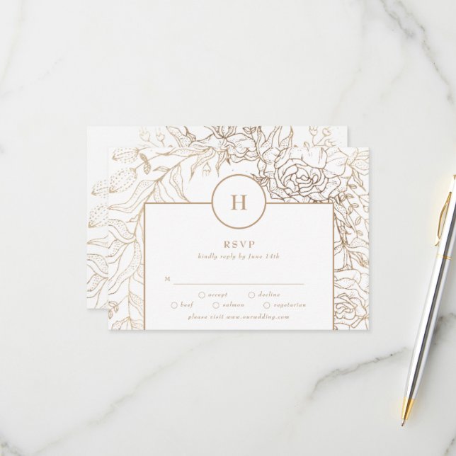 White Elegant Gold Monogram Wreath Wedding RSVP Karte (Vorderseite/Rückseite Beispiel)