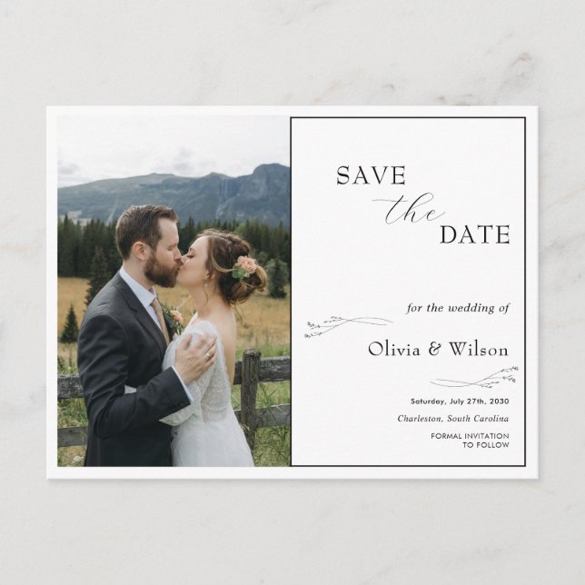 White Elegant Minimalist With Photo Save the Date Postkarte (Vorderseite)
