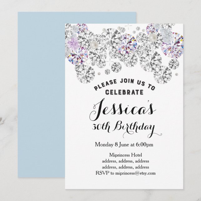 WHITE elegante Diamant, Glitzer Geburtstagseinladu Einladung (Vorne/Hinten)