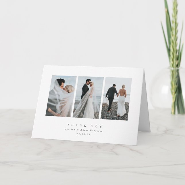White Elegante Minimal Triple Foto Hochzeit Dankeskarte (Vorderseite)