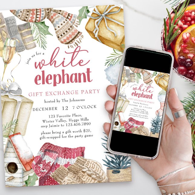 White Elephant Cosy Weihnachtsgeschenk Exchange Pa Einladung (White elephant gift exchange party invitation)