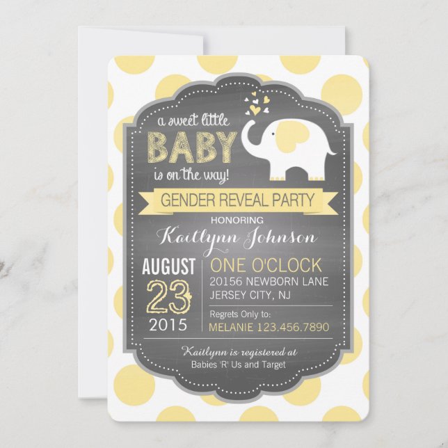 White Elephant Dots Gender Reveal Baby Shower Einladung (Vorderseite)