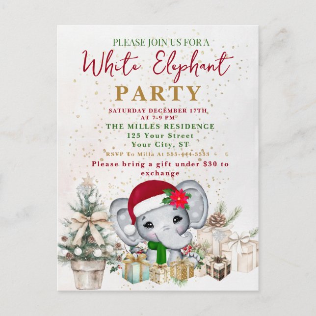 White Elephant Gift Exchange Party Postkarte (Vorderseite)
