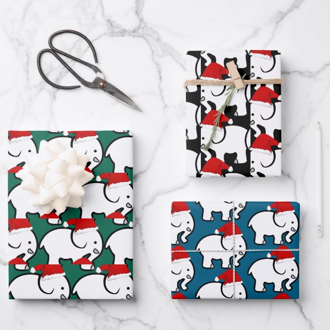 White Elephant Santa Hat Design Wrapping Paper Geschenkpapier Set (Vorderseite)
