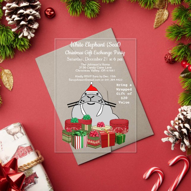 White Elephant Siegel Weihnachtsgeschenkbörse Acryleinladungen (Insitu (Feiertag))