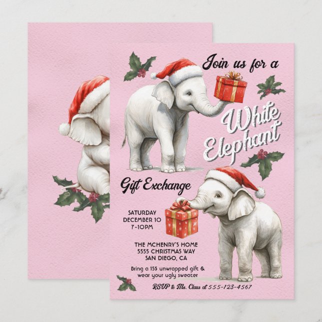 White Elephant Weihnachtsgeschenke Exchange Einladung (Vorne/Hinten)