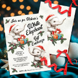 White Elephant Weihnachtsgeschenke Tauschen Kinder Einladung<br><div class="desc">Watercolor weiße Elephant Geschenke Exchange Party Einladungen. Mit kleinen, weißen Elefanten mit Weihnachtsmannmützen und Geschenken und Heiligleblättern auf einem leicht mit Imitaten bespielten cremefarbenen Hintergrund. Alle Formulierungen können geändert werden. Ideal für einen kleinen Weihnachtsmann, Geburtstag, freundliches Party, Geschenktausch oder sogar eine Babydusche! Weitere Änderungen finden Sie unter Anpassen dieser Vorlage....</div>