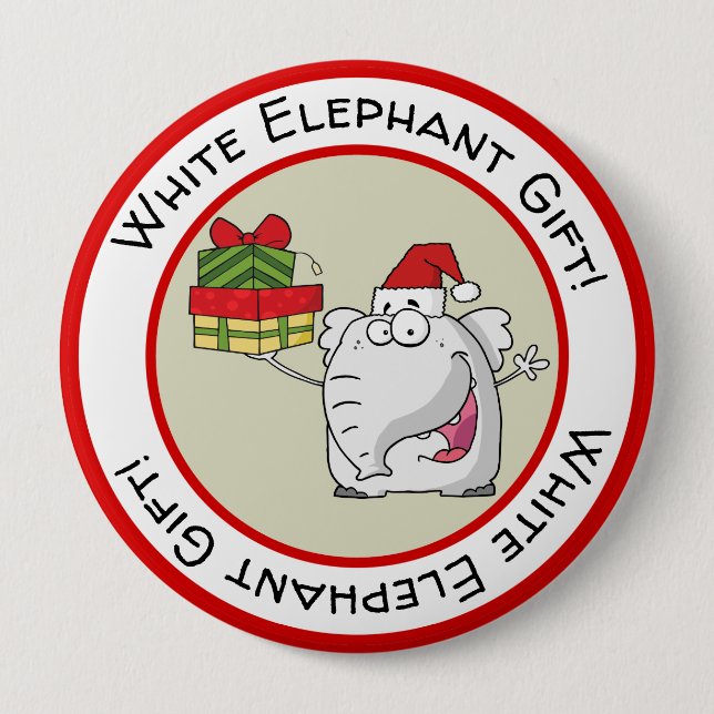 White Elephant Weihnachtsmannmütze gibt Cartoon Button (Vorderseite)