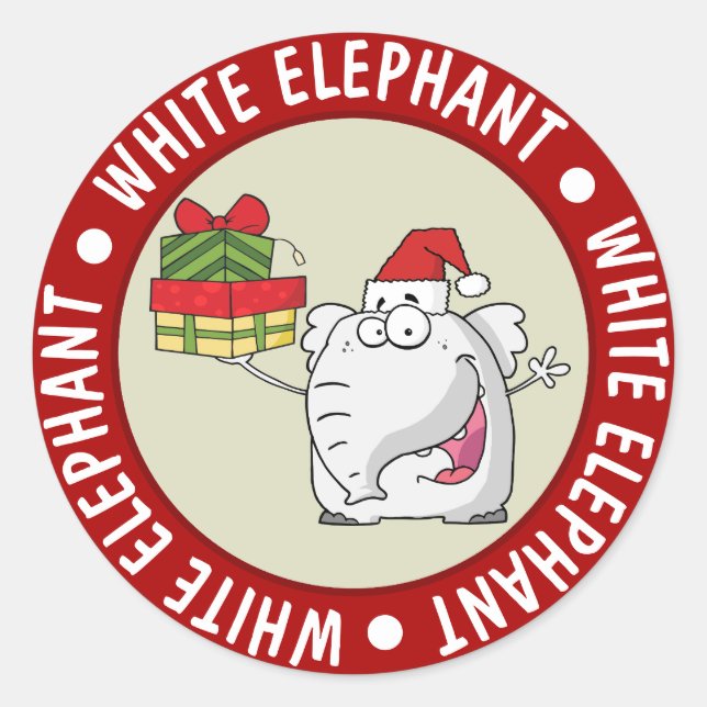 White Elephant Weihnachtsmannmütze gibt Cartoon Runder Aufkleber (Vorderseite)