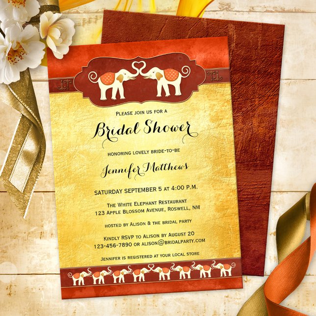 White Elephants Indian Bridal Shower Einladung (Elegant Indian bridal shower invitation featuring two ivory colored elephants in love, with tribe)