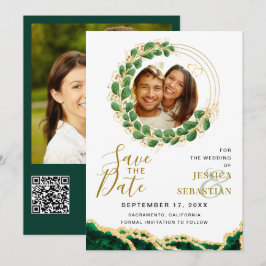 White Emerald Green & Gold Add QR Code Foto Save The Date