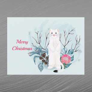 White Ermine Pink Floral Aquarell Feiertagspostkarte