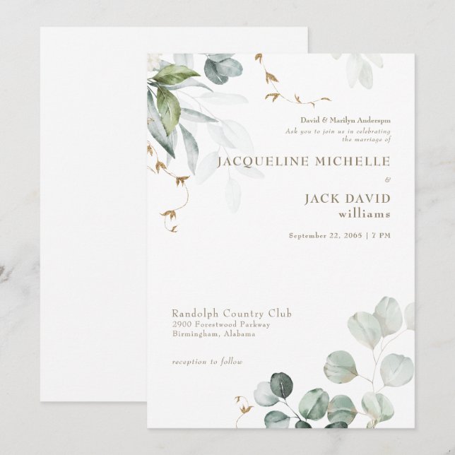 White Eucalyptus Elegance Bride Eltern Hochzeit Einladung (Vorne/Hinten)