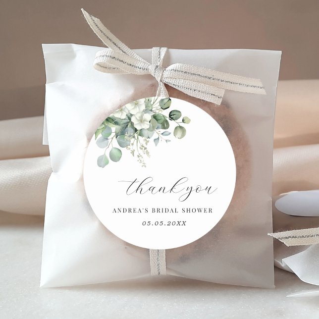 White Eucalyptus Floral Brautparty Vielen Dank Runder Aufkleber (Von Creator hochgeladen)
