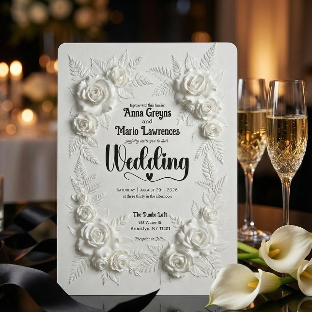 White Faux Bas Relief Floral Wedding Invitation (Créateur téléchargé)