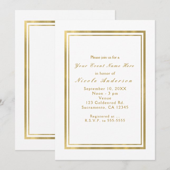 White & Faux Foil Gold Chic Elegance Invitations (Devant / Derrière)