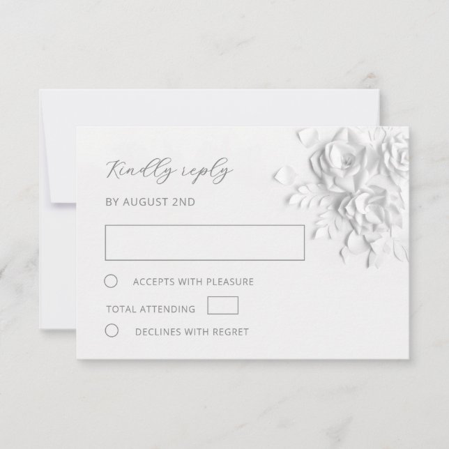 White Faux Paper Cut Roses Wedding RSVP Karte (Vorderseite)