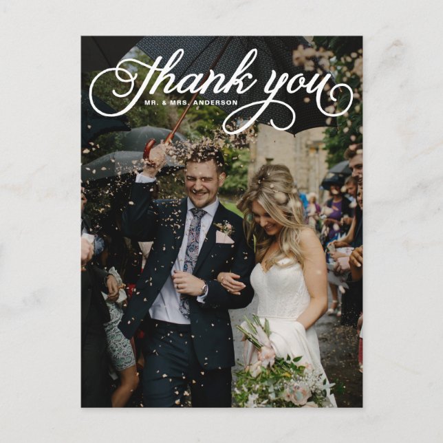 White Feminine Script Foto Hochzeit Vielen Dank Postkarte (Vorderseite)