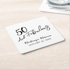 White Fifty and Fabulous Script Birthday Party Rechteckiger Pappuntersetzer