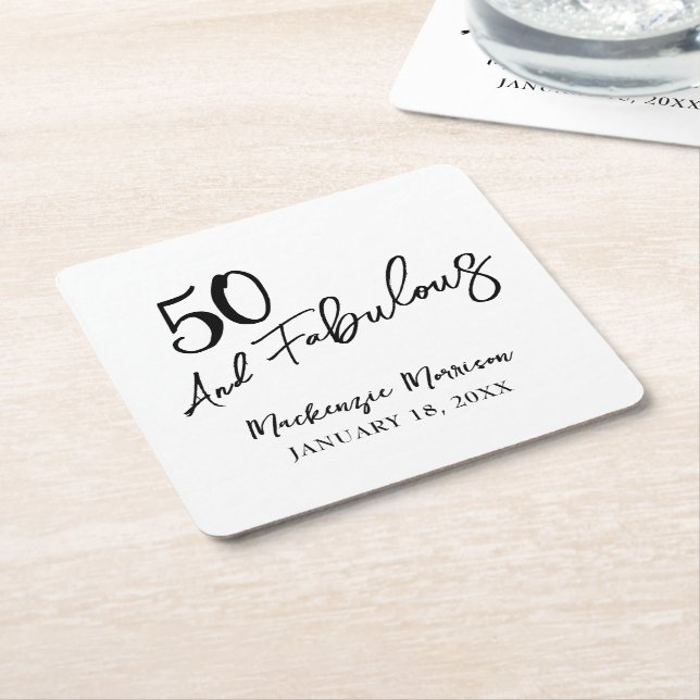 White Fifty and Fabulous Script Birthday Party Rechteckiger Pappuntersetzer (angewinkelt)
