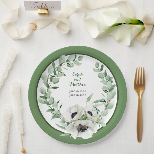 White Floral 20. Wedding Anniversary Paper Plate Pappteller (Hochzeit)