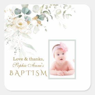 White Floral Airy Greenery Girl Foto Baptism Fav Quadratischer Aufkleber