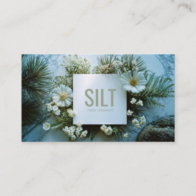 White Floral and Evergreen Pine Marble Texture Visitenkarte (Vorderseite)