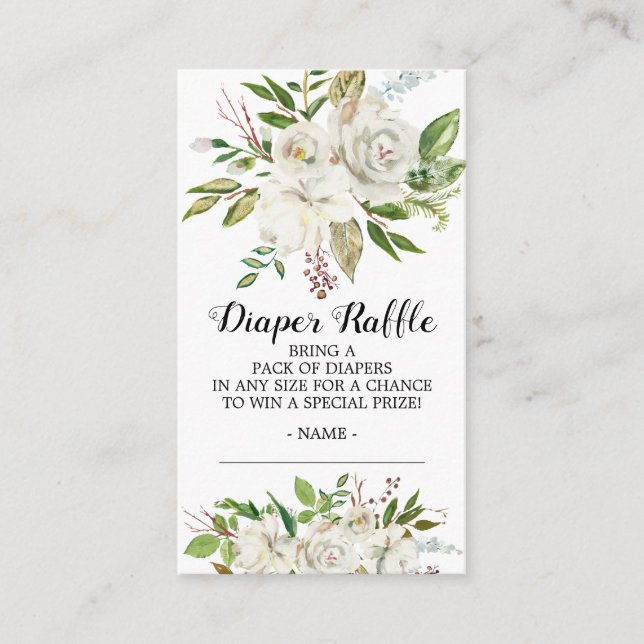 White Floral Baby Dusche Windelwanne Raffle Ticket Begleitkarte (Vorderseite)