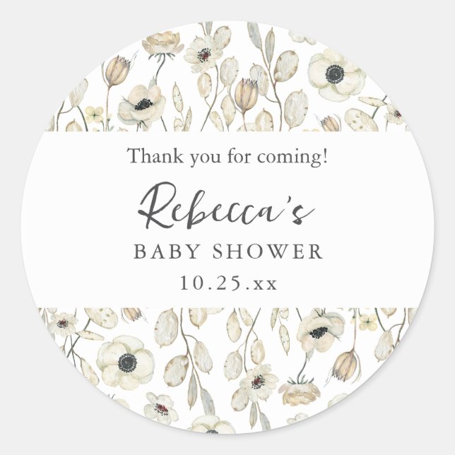 White Floral baby shower thank you favor  Runder Aufkleber (Vorderseite)