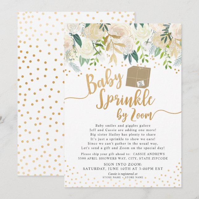 White Floral Baby Sprinkle von ZOOM Babydusche Einladung (Vorne/Hinten)