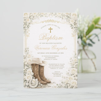 White Floral Baptism Invite with Cowboy Boots Einladung