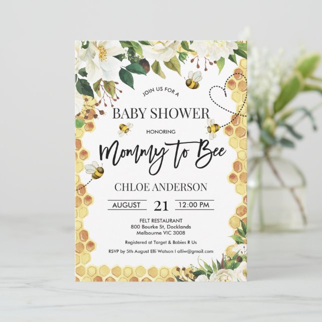 White Floral Bee Thème Baby shower Invitation (Debout devant)