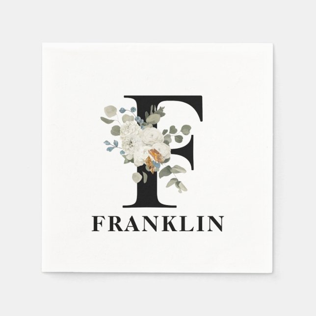 White Floral Black Monogram F Serviette (Vorderseite)