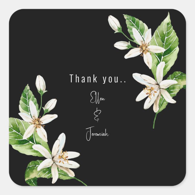 White Floral Black Wedding Custom Vielen Dank Quadratischer Aufkleber (Vorderseite)