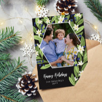 White Floral Blue Berries Hexagon Happy Holidays
