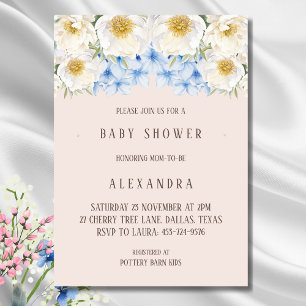 White Floral Blue Hydrangea Garden Baby Dusche Einladung