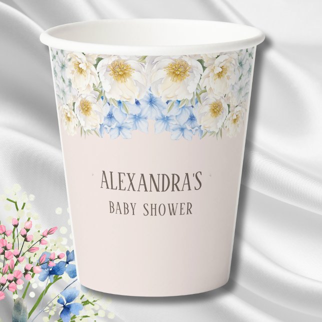 White Floral Blue Hydrangea Garden Baby Dusche Pappbecher (Von Creator hochgeladen)