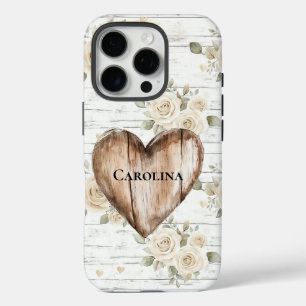 White Floral Boho Imitats Holz Herz iPhone 16 Pro Hülle