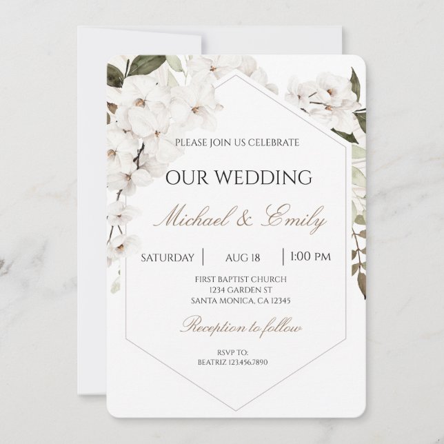 White Floral Boho Wedding Invitation Einladung (Vorderseite)