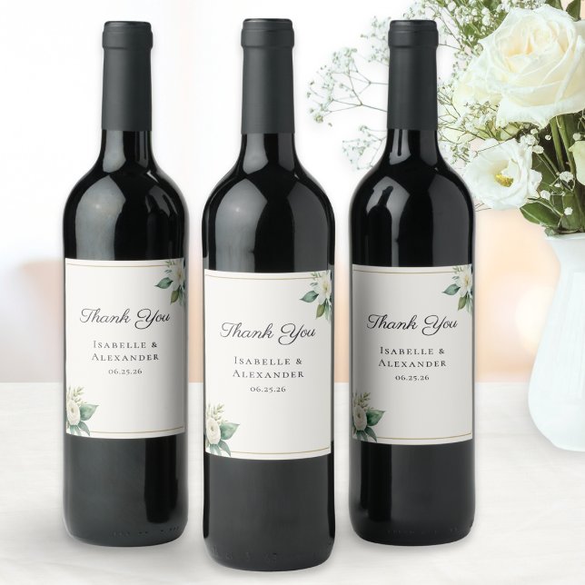 White Floral Botanical Greenery Elegant Wedding Weinetikett (Personalized wine bottle labels with couple's names and date, 'Thank You' message and floral motifs)