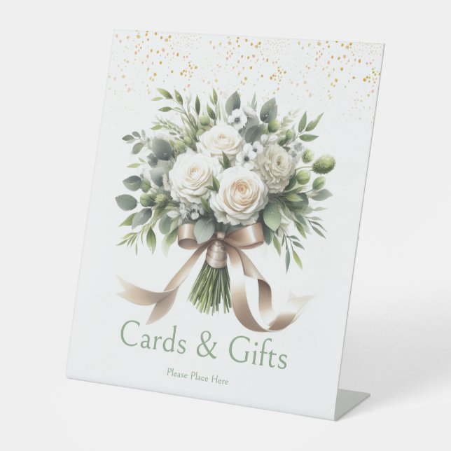 White Floral Bouquet Cards und Geschenke Sockelschild (Vorderseite)